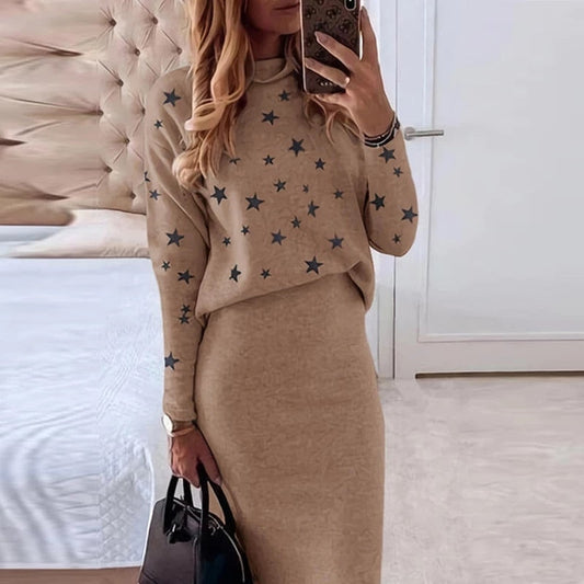 Turtleneck Set Elegant Slim Sweatshirt Skirt and for Design Stars Women