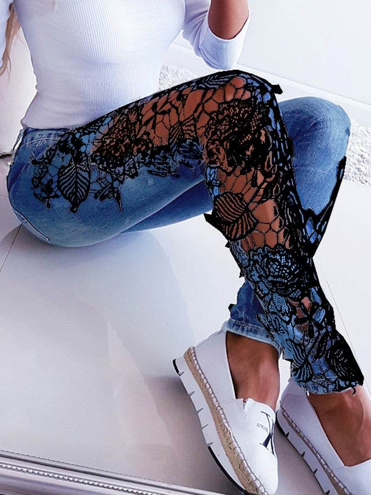 Autumn Denim Hollow-Out Flowered Elegant 3XL Crochet Women Jeans Lace Sexy Pencil