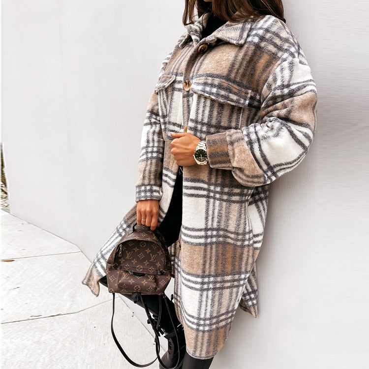 Autumn Plaid for Jacket Warm Fashion Patterned Winter - Women Overcoat