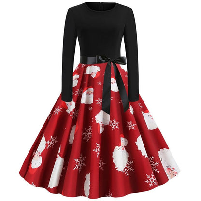 Swing 50S Gown Black Vintage 60S Plus Pinup Winter Arm Women Christmas Party Long Size Print