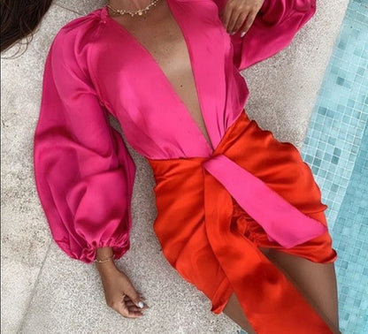 Satin Long Sleeve Deep V-neck Trendy Draped Skirt Two Piece Set