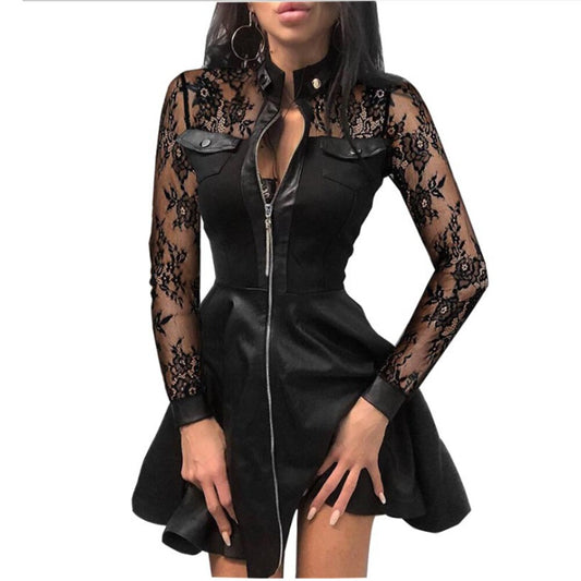 V-Neck Arm Lace Leather Gown Mini Party Warm-Season 5XL Plus PU Faux Size Zipper Dress