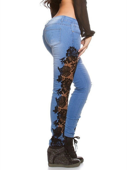 Autumn Denim Hollow-Out Flowered Elegant 3XL Crochet Women Jeans Lace Sexy Pencil