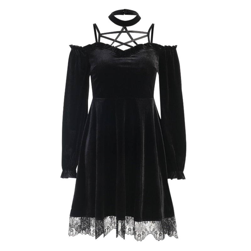 Off Sexy Pentagram Gothic Aesthetic High Shoulder Bandage Punk Black Gown for Dresses InsGoth Halter Party Gown Waist Mini Women