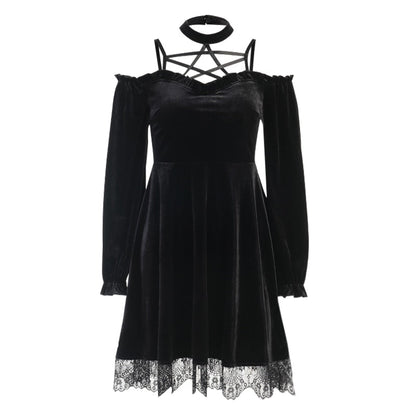 Off Sexy Pentagram Gothic Aesthetic High Shoulder Bandage Punk Black Gown for Dresses InsGoth Halter Party Gown Waist Mini Women