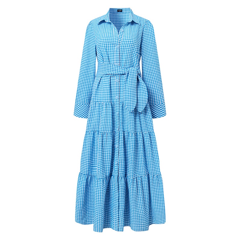 Sundress Plaid Blouse Women Vintage Spring Casual Pockets Patterned Belted Lapel Party Gown Button Dresses Arm Long Robes