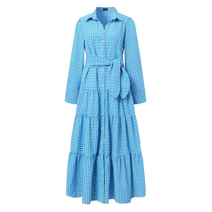 Sundress Plaid Blouse Women Vintage Spring Casual Pockets Patterned Belted Lapel Party Gown Button Dresses Arm Long Robes