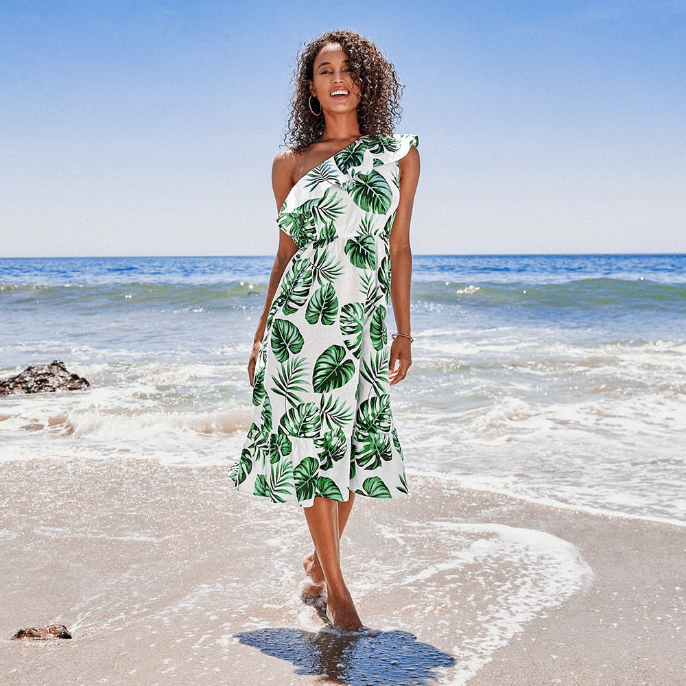 Sexy Green Tropical Leaf Beach Holiday Dress