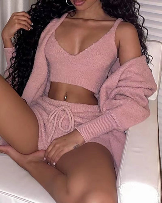 Sexy Fluffy Autumn Piece Sweatshirt Backless Plush Home Sports Women Pyjamas Wear Winter Fleece Outfits Sets 3 Casual Tracksuit