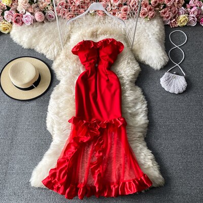 Women Sexy Female Dresses Patchwork Bodycon Strapless Gown Red Mesh Party Dinner Slim Strap Warm-Season Long Spaghetti Dress