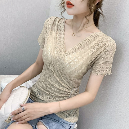 Blouse Lace Hollow Tops Size Blouse Out Plus Sexy Warm-Season V-Neck 5XL Women Arm Brief Blusas