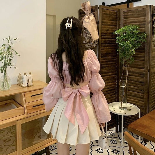 Arm Bandage Black New Cropped Pink Fashion Neck - Spring French Women Boxy Autumn Blouse Bow - Top Women Back Puff Blouse - Female