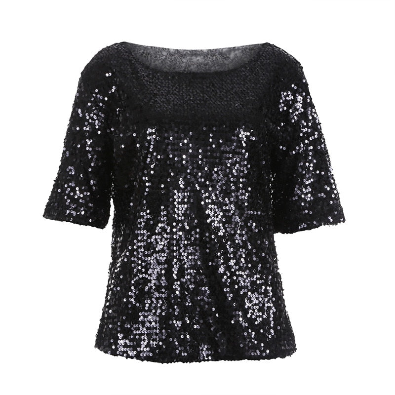 Women's - Spring/Autumn Off-Shoulder - Long Sequin Arm T-Shirt Fit Shining Loose Top