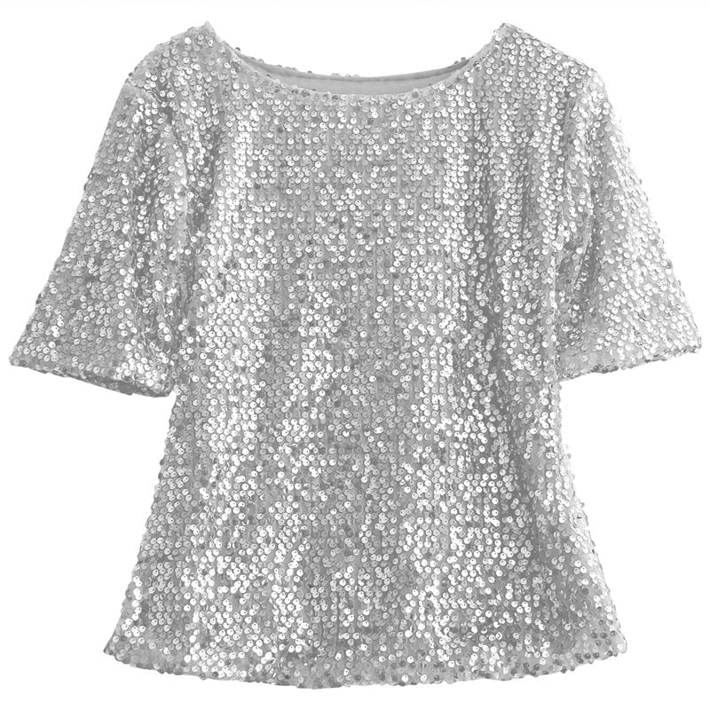 Women's - Spring/Autumn Off-Shoulder - Long Sequin Arm T-Shirt Fit Shining Loose Top