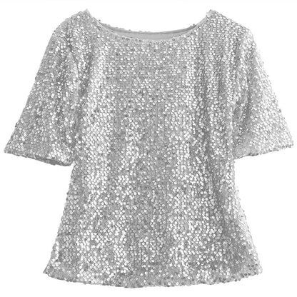 Women's - Spring/Autumn Off-Shoulder - Long Sequin Arm T-Shirt Fit Shining Loose Top