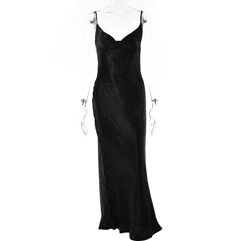 Backless Elegant Long Satin Lace Spaghetti Trumpet Up Strap Dress