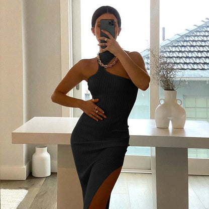 Ribbed One Shoulder High Graceful Neck Slit Midi Dress