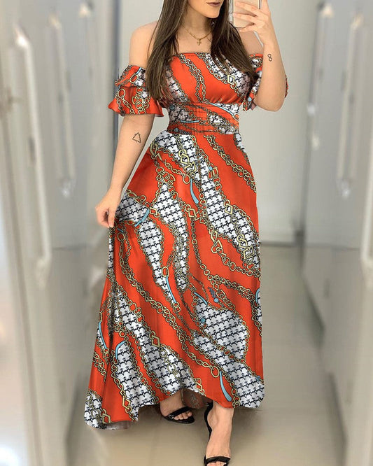 Off Shoulder Chain Print Colorblock Ruffles Maxi Dress