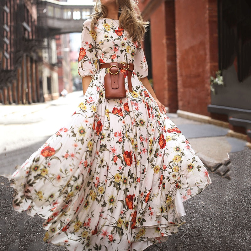 Vintage Warm-Season Printing Gown Flowered Long Fashion Elegant Three Party Quarter O-Neck Arm Streetwear