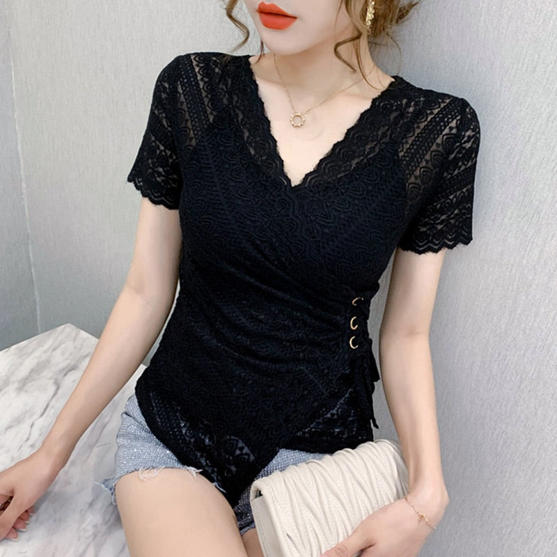 Blouse Lace Hollow Tops Size Blouse Out Plus Sexy Warm-Season V-Neck 5XL Women Arm Brief Blusas