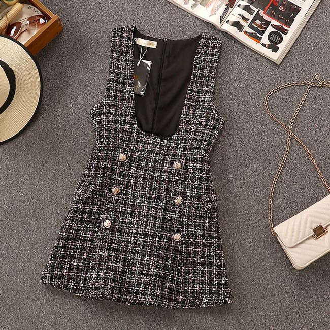 Tweed Elegant Gown Plaid + Chiffon Bow Top Double Breasted Vest Ruffles Blouse Set