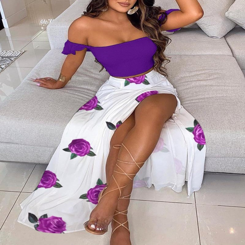 Women's Slash and - Long Warm-Season Top Slit Piece Spring with Shoulder Neck Set Two Off Flowered Party Gown Design Skirts