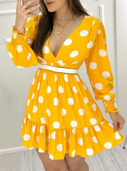 Yellow Polka Dot Casual Dress with Plunge Neckline and Ruched Ruffles