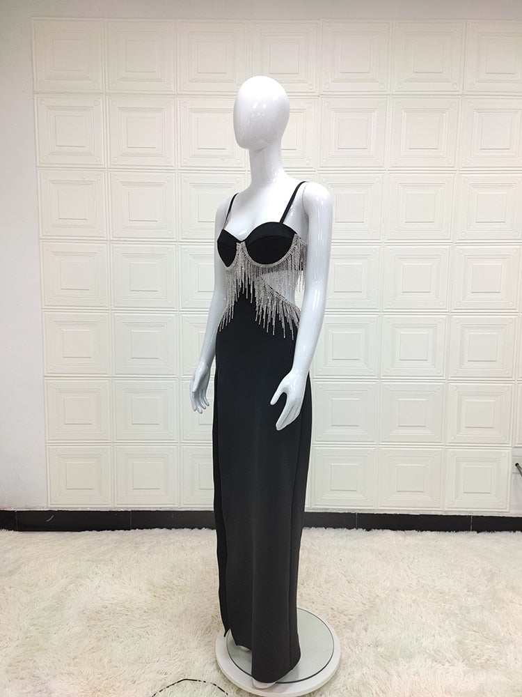 Black Cupped Cut-Out Charming Rhinestone Tassel Maxi Dress