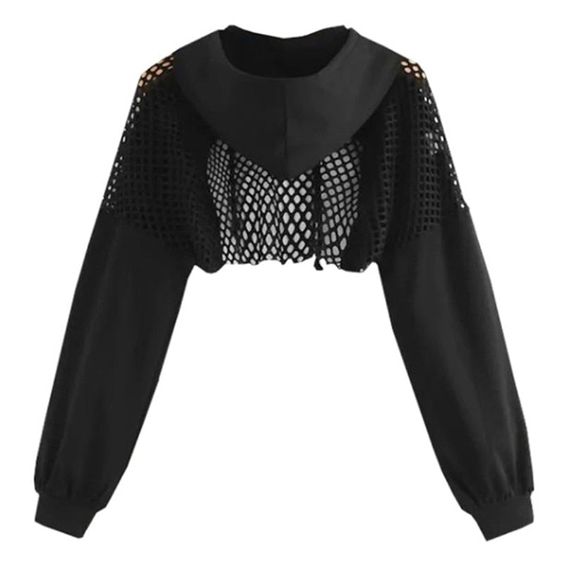 Women's Mesh with Out Hoodie Black Crop Top Hollow Patchwork