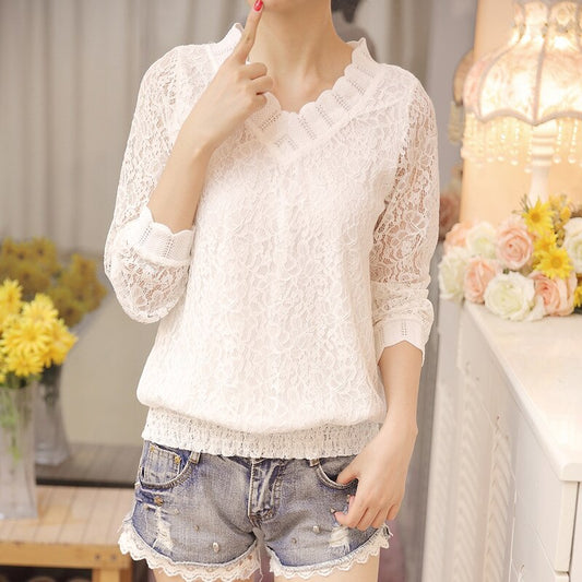 Arm Size Temperament Women's Autumn 1066 V-Neck Sweet Long Slim Bottom Blouse Blouse Lace Fit - 40