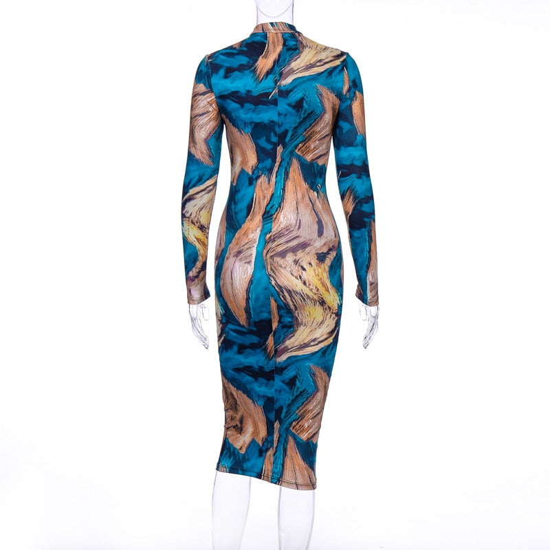 Tie Dye Print Long Sleeve Bodycon Midi Dress