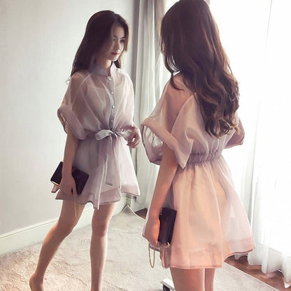 Base Belt Gown Cotton Mini Arm Single-breasted + Set Korean T-shirt Organza Warm-Season Stand Dresses Brief Two-piece Women Shirt