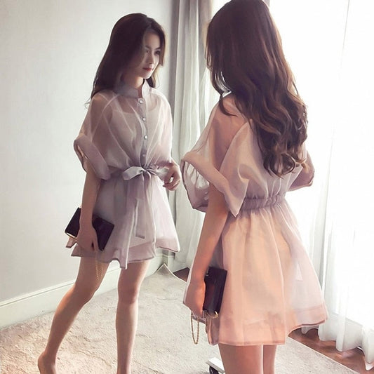 Base Belt Gown Cotton Mini Arm Single-breasted + Set Korean T-shirt Organza Warm-Season Stand Dresses Brief Two-piece Women Shirt