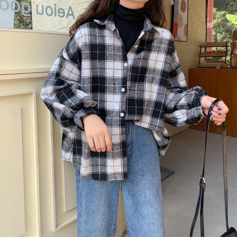 Turn-down Style Spring - Women's Plaid Outwear Loose 4 Neckline Blouse Harajuku with Fit Batwing-sleeve - - Colors