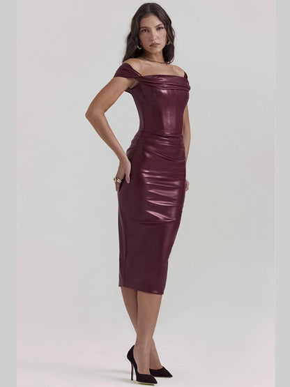 Kelly Wine Red Strapless Backless PU Leather Midi Dress