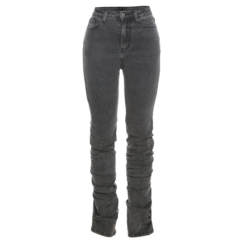 Split Grey Up Denim Trousers Style Stacked Bodycon Streetwear Jeans Ruched Baddie Waist Zip Pants High Women