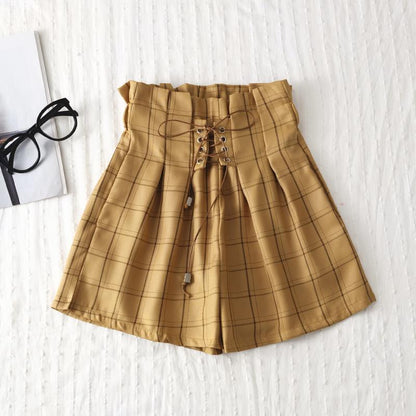 Cosybreezee - Women's Plaid High Waist Wide Leg Shorts