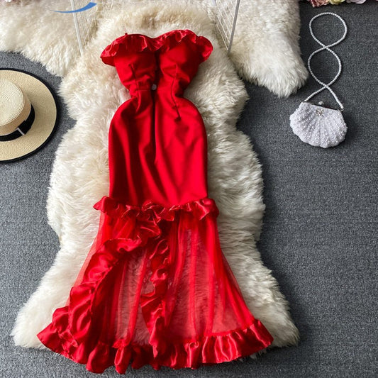 Women Sexy Female Dresses Patchwork Bodycon Strapless Gown Red Mesh Party Dinner Slim Strap Warm-Season Long Spaghetti Dress