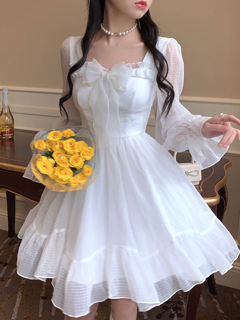 Vintage Sweet Kawaii French Elegant White Ruffle Party Dress for Women