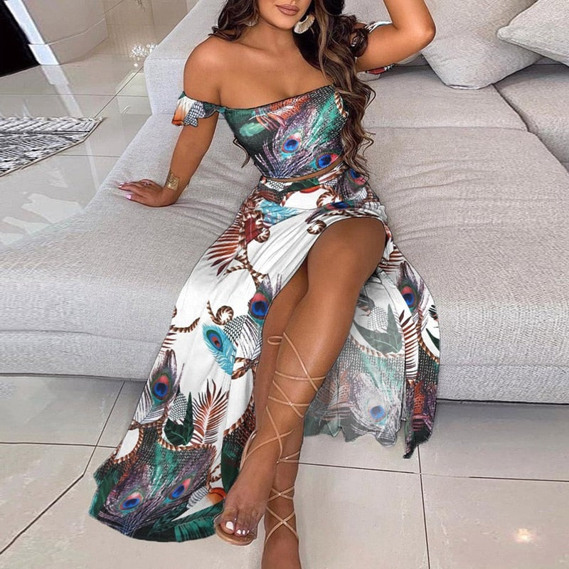 Women's Slash and - Long Warm-Season Top Slit Piece Spring with Shoulder Neck Set Two Off Flowered Party Gown Design Skirts