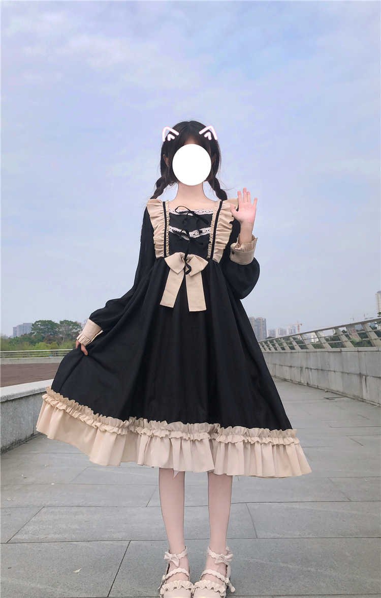 Sweet Ruffles Harajuku Lolita Gown Women Kawaii Gothic Cosplay Splice Party Bandage Bow Dress