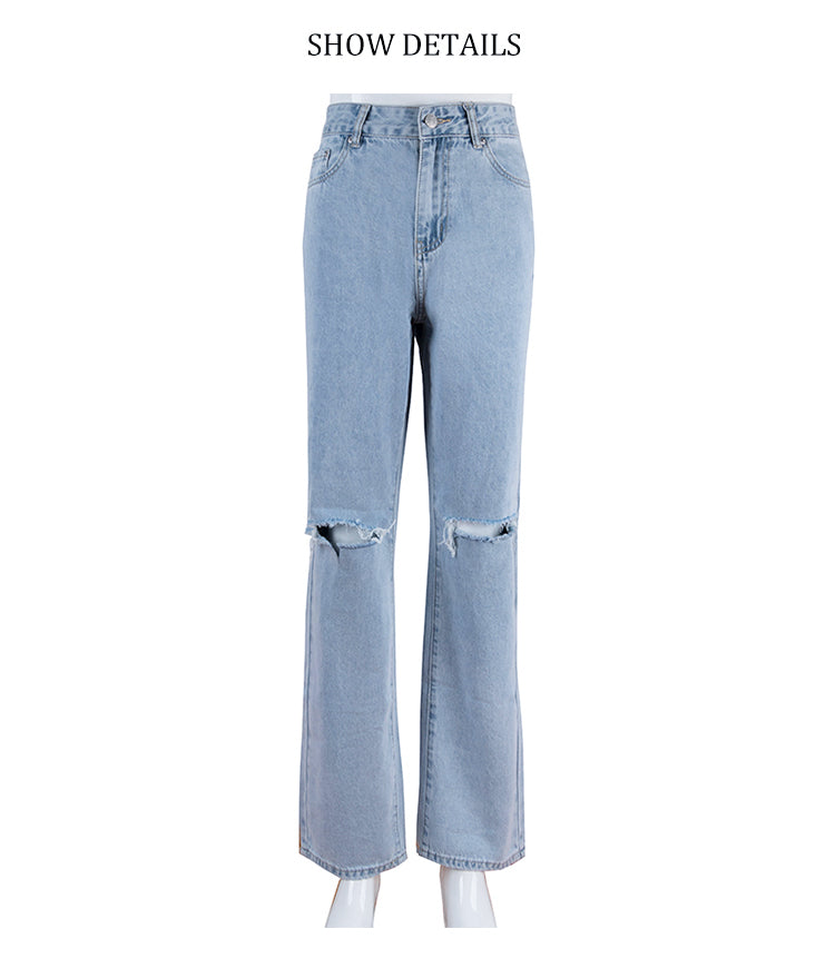 Womens Jeans Blue Cotton Trousers Baggy Wide High Leg Ripped Denim Wash Warm-Season Casual Waist Pants