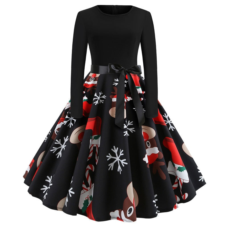 Swing 50S Gown Black Vintage 60S Plus Pinup Winter Arm Women Christmas Party Long Size Print