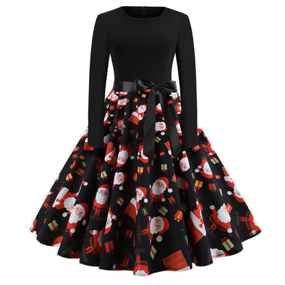 Swing 50S Gown Black Vintage 60S Plus Pinup Winter Arm Women Christmas Party Long Size Print