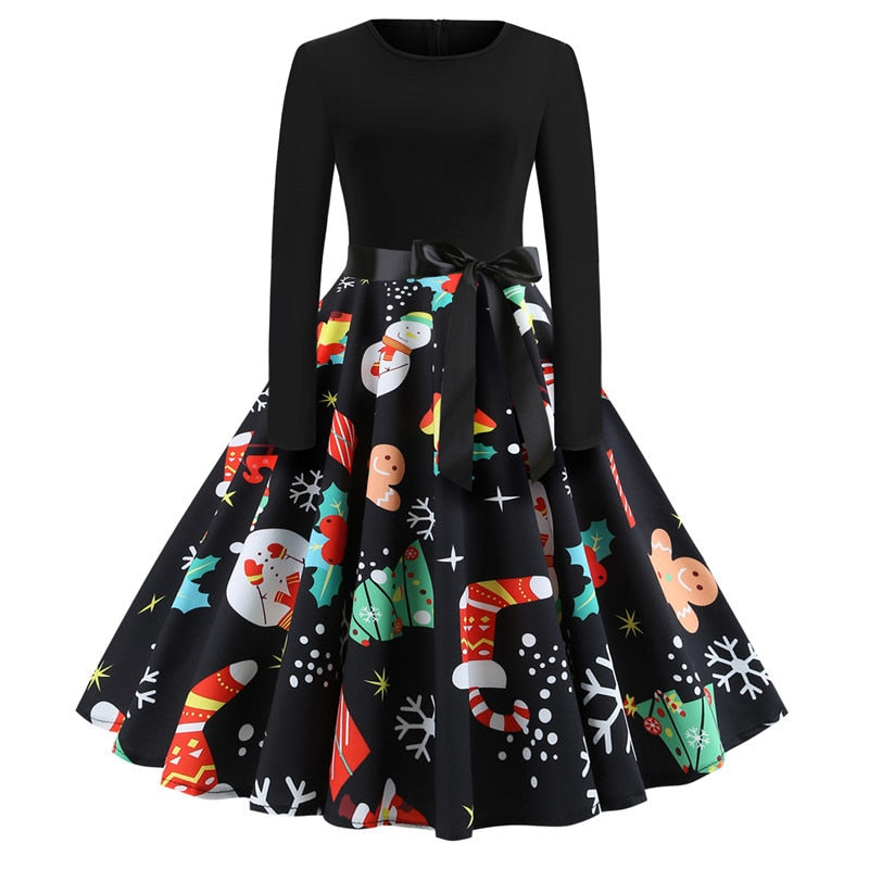 Swing 50S Gown Black Vintage 60S Plus Pinup Winter Arm Women Christmas Party Long Size Print