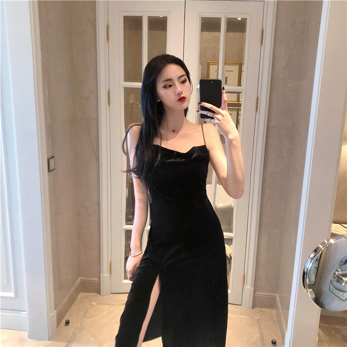 Bodycon Gown - Party Velvet Women's Spaghetti Midi Black Slit Strap with for Gown Summer