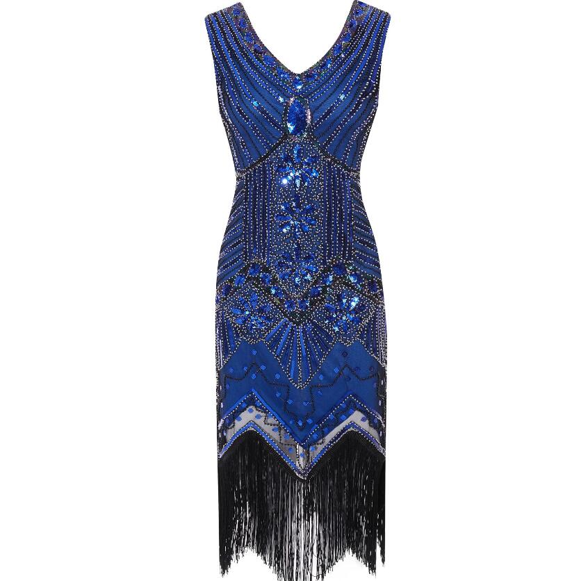 Vestidos V-Neck Flapper Great Party Gown 1920s Gatsby Beaded Sleeveless Tassel Sequin Vintage Feminina