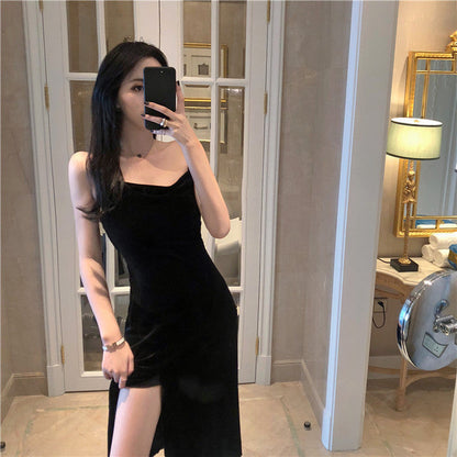 Bodycon Gown - Party Velvet Women's Spaghetti Midi Black Slit Strap with for Gown Summer