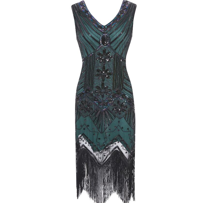 Vestidos V-Neck Flapper Great Party Gown 1920s Gatsby Beaded Sleeveless Tassel Sequin Vintage Feminina