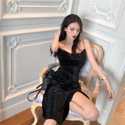 Bodycon Gown - Party Velvet Women's Spaghetti Midi Black Slit Strap with for Gown Summer